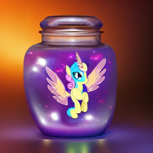 Image similar to candle made of my little pony figure in a jar with a candle wick covered in an off white wax digital art, cosmic, 3 d high definition, trending on artstation, photorealistic, high resolution, vray, 8 k, octane, trending on, hdr, hyper detailed, insane details, intricate, elite, ornate, elegant, unreal engine