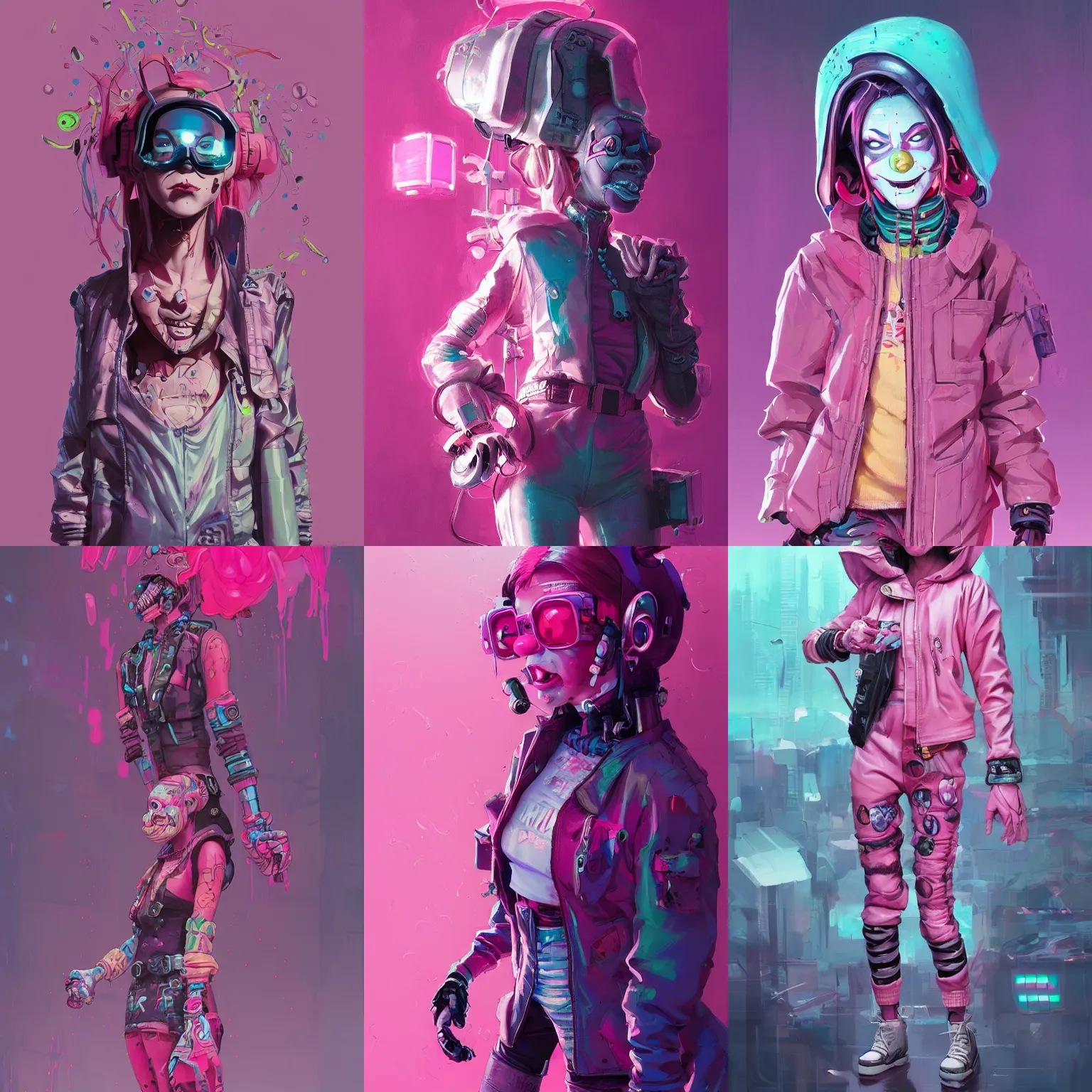 Prompt: cyberpunk clown girl made of pink slime, cartoon, wearing cyberpunk intricate streetwear, transparent, behance hd artstation by jesper ejsing by rhads, makoto shinkai and lois van baarle, ilya kuvshinov, ossdraws, cinematic lighting, sharp focus