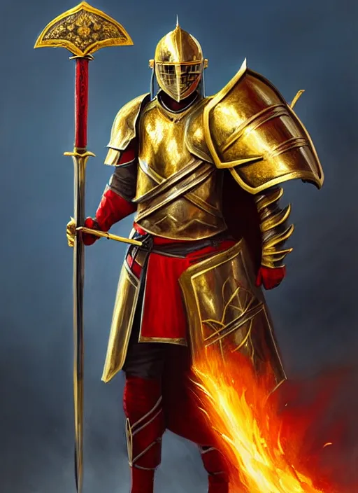 Image similar to knight with red plume, golden gold sword and big shield, fire background, fantasy rpg, firey environment, oil _ painting _ unreal _ 5 _ daz. _ rpg _ portrait _ extremely _ detailed _ artgerm _ greg _ rutkowski _ greg