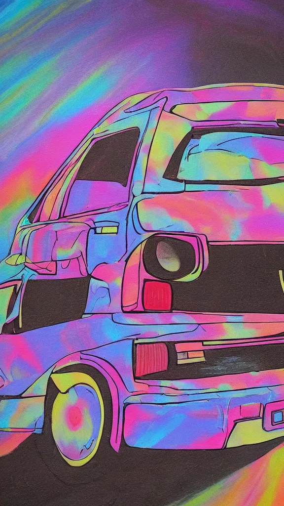 Image similar to outsider art painting of a 1 9 8 0 s vw golf, pastel colour palette, iridescent