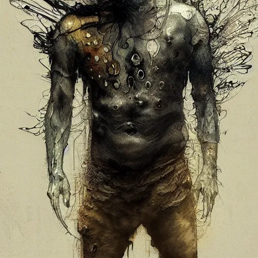 Image similar to mutant fishman with gills and scales from the ocean by emil melmoth zdzislaw beksinki craig mullins yoji shinkawa realistic render ominous detailed photo atmospheric by jeremy mann francis bacon and agnes cecile ink drips paint smears digital glitches glitchart