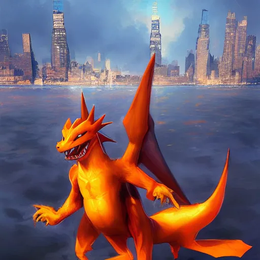 Image similar to charizard flying above new york, beautiful, serene colors, lake background, complimentary contrast, dramatic lighting, masterpiece, high contrast, painted by stanley lau, painted by greg rutkowski, painted by stanley artgerm, digital art, trending on artstation