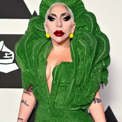 Prompt: lady gaga wearing an avocado style dress, yummy