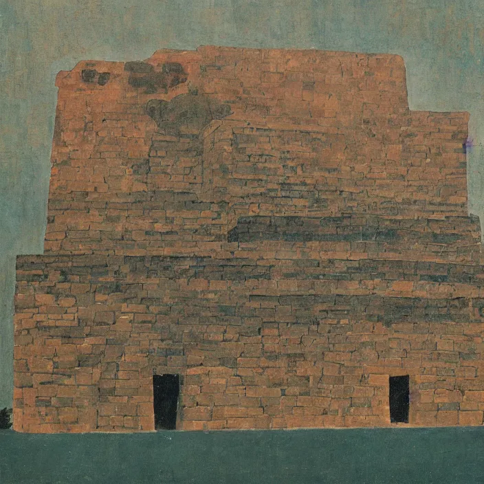 Image similar to a building in a serene landscape, ancient mesoamerican painting