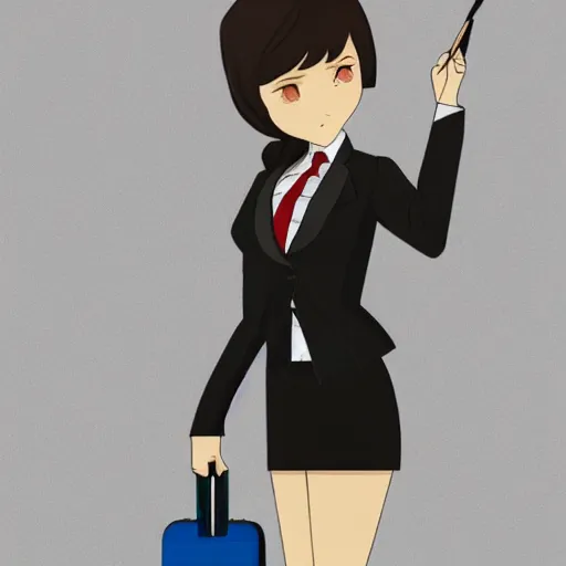 Image similar to woman in black business suit, chill, light brown neat hair, pixiv, fanbox, trending on artstation, portrait, digital art, modern, sleek, highly detailed, formal, determined, blue tie, lawyer, colorized, smooth, charming, pretty, briefcase, safe for work