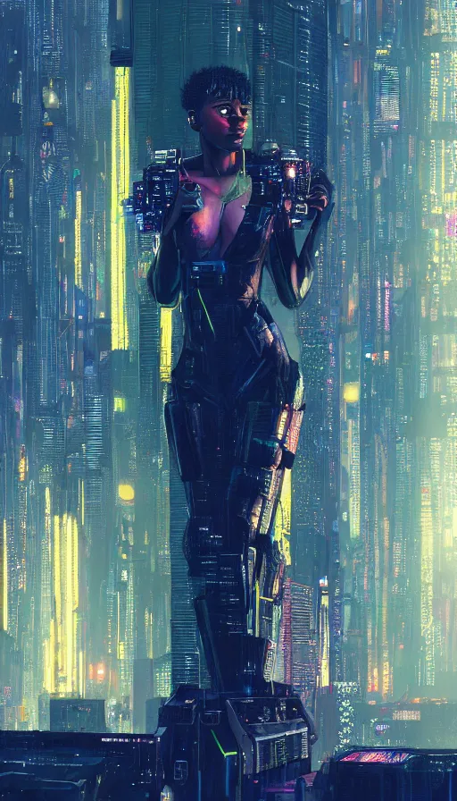 Image similar to a beautiful young Black woman, cyberpunk, Blade Runner city background, highly detailed, 8K, artstation, illustration, art by Gustav Klimt