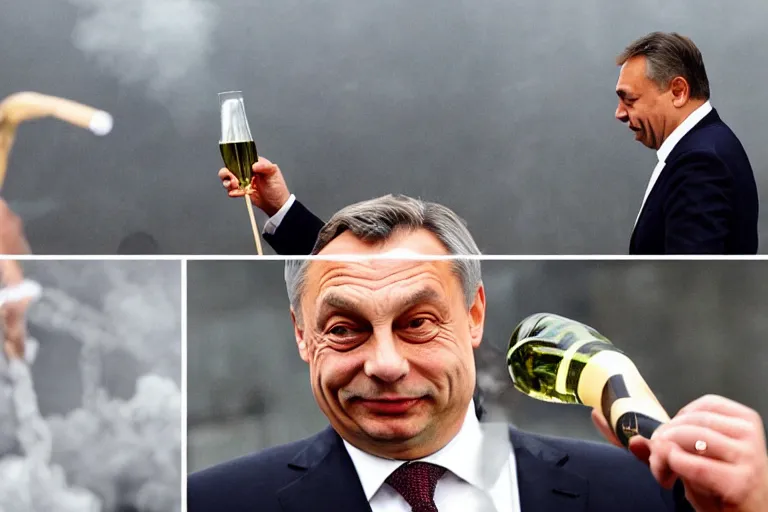 Image similar to viktor orban winking and drinking champagne with putin in front a burning city