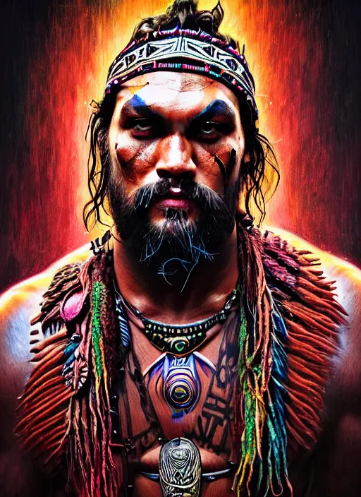 Image similar to portrait of jason momoa, hyper detailed ultra sharp aztec shaman warrior. trending on artstation, warpaint aesthetic, bloodwave, colorful, psychedelic, ornate, intricate, digital painting, concept art, smooth, sharp focus, illustration, art by artgerm and greg rutkowski and h. r. giger, 8 k