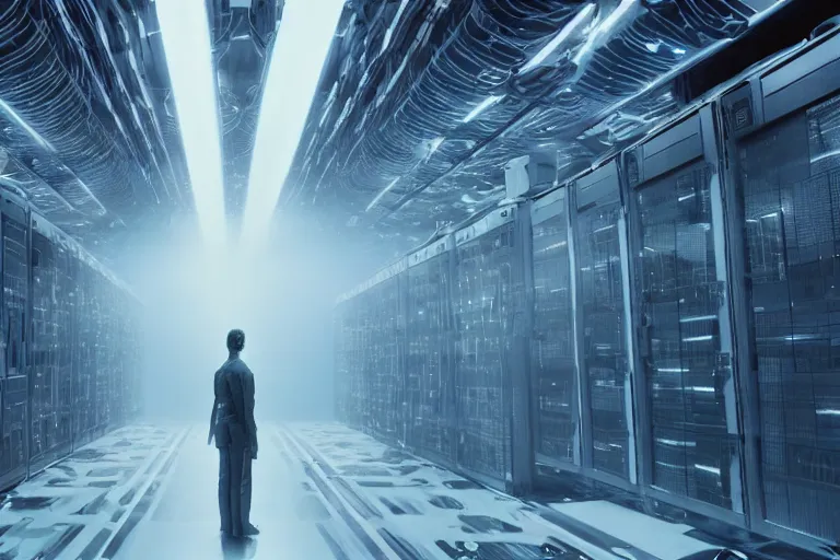 Image similar to extremely detailed cinematic movie still 3 0 7 7 foggy portrait shot of a robot in an endless data centre by denis villeneuve, wayne barlowe, simon birch, philippe druillet, beeple, bright volumetric sunlight from small windows, rich moody colors