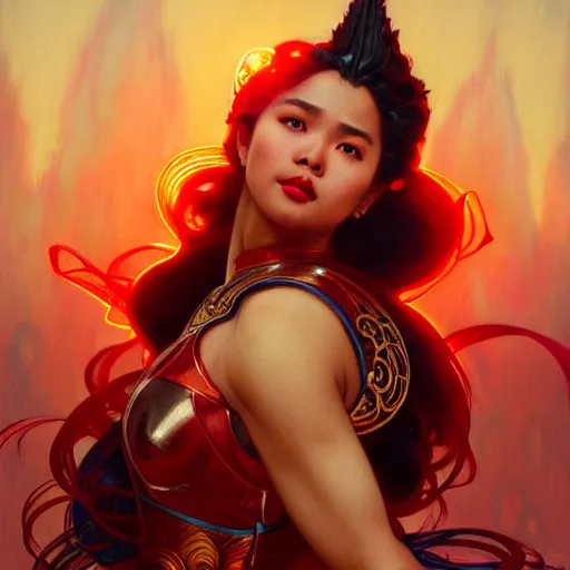 Image similar to kathlyn bernardo as darna, volumetric lights, red and cyan theme, art nouveau botanicals, intricate, highly detailed, digital painting, artstation, concept art, smooth, sharp focus, cinematic, illustration, beautiful face, art by artgerm and greg rutkowski and alphonse mucha