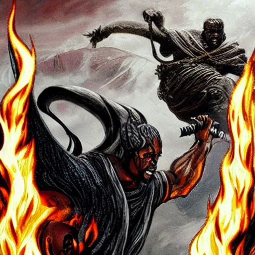 Image similar to burning balrog from lord of the rings whipping kanye west who is wielding a little sword riding a pony