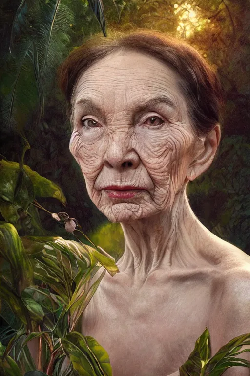 Prompt: stunningly poised, elderly prima ballerina in jungle, symmetrical face, golden hour, smooth, focus, highly detailed, hyper realistic, dramatic lighting, elegant, intricate, concept art, art by wlop, mars ravelo, greg rutowski, artstation