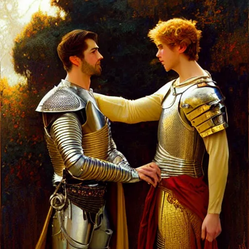 Prompt: attractive fully clothed prince confesses his love for his attractive fully clothed male knight. highly detailed painting by gaston bussiere, craig mullins, j. c. leyendecker 8 k