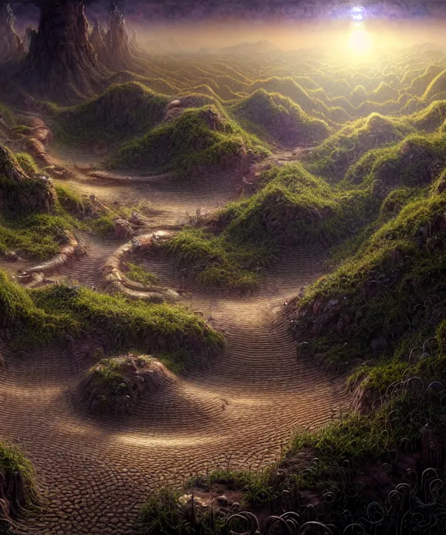 Prompt: hyperrealistic mixed media painting of a dirt trail across a fantasy landscape, stunning 3d render inspired art by P. Craig Russell and Barry Windsor-Smith + dim volumetric lighting, dizzy, full body, 8k octane beautifully detailed render, post-processing, extremely hyperdetailed, intricate, epic composition, grim yet sparkling atmosphere, cinematic lighting + masterpiece, trending on artstation, very very detailed, masterpiece, stunning