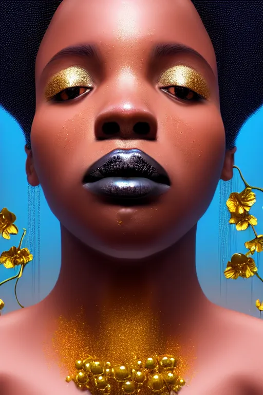 Prompt: hyperrealistic precisionist cinematic profile very expressive! black oshun goddess, in water! up to shoulders, mirror dripping droplet!, gold flowers, highly detailed face, digital art masterpiece, smooth eric zener cam de leon, dramatic pearlescent turquoise light on one side, low angle uhd 8 k, deep focus