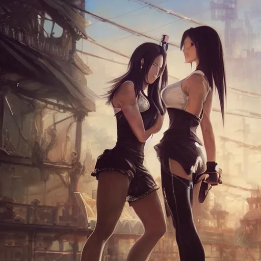 Image similar to a painting of tifa lockhart and aerith gainsborough from final fantasy 7, the midgard steam punk city as backdrop, by greg rutkowski, artgerm, wlop, ruan jia, krenz cushart, alphonse mucha, rain, unreal engine 5