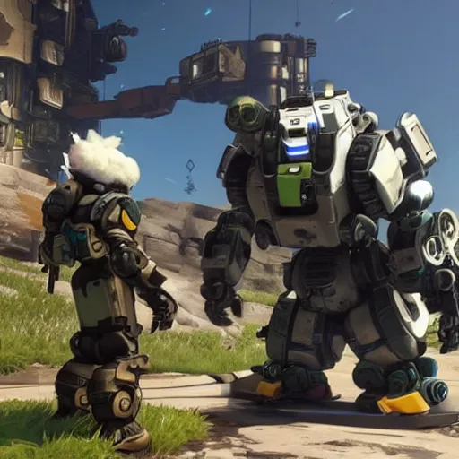 Prompt: BT from Titanfall 2 meeting Bastion from Overwatch