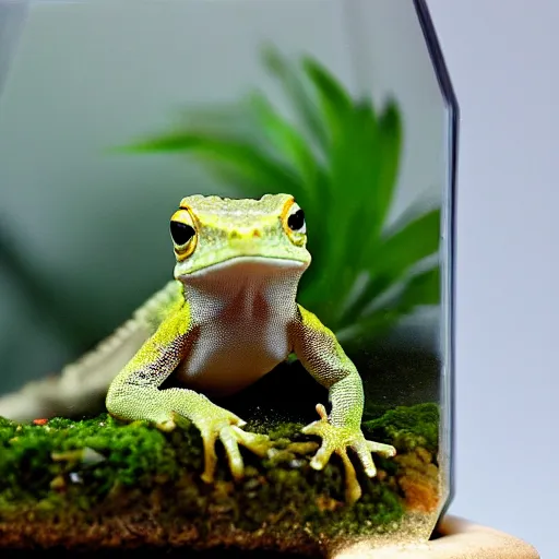 Prompt: gecko sitting inside a terrarium