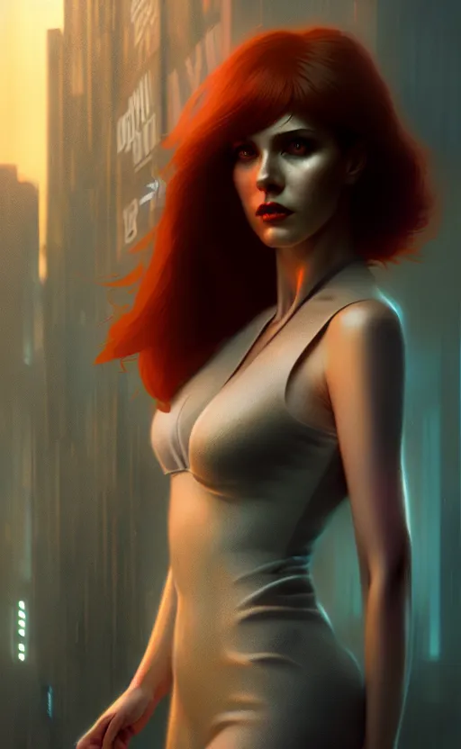 Prompt: hyper - realistic, digital matte painting of an attractive auburn haired femme fatale woman, blade runner environment, cinematic lighting, 4 k textures, sharp focus, by greg rutkowski, by ilya kuvshinov, by eric - anthony johnson