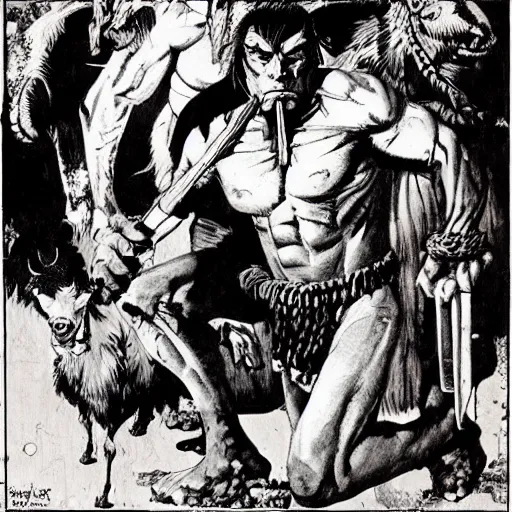 Image similar to goat man barbarian, ultra detailed, style of norman rockwell, style of richard corben, 4 k, rule of thirds.