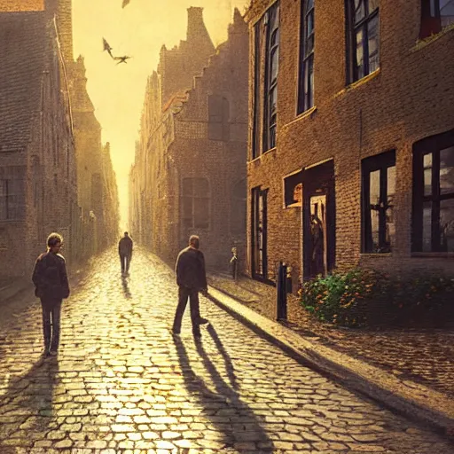 Image similar to 2 hedgehogs walking across the street next to eachother in Bruges, Belgium, in the style of Greg Rutkowski, autumn, evening, romantic