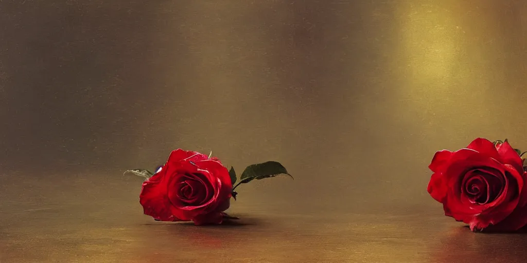 Prompt: a single red rose petal rests on a wooden table with delicate gold filigree, close up view, dramatic lighting, DOF, art nouveau, intricate artwork by Raymond Swanland and Ruan Jia