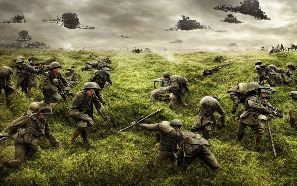 Image similar to fight ww 1, deep trenches with fortifications, natural landscape, green and blue tones, soldiers fighting against aliens from resistance game, realistic people, ground explosion in the background, alien mothership in the sky, hyper realistic, highly detailed, dramatic lighting, raytarced, god rays, 4 k, 8 k, art by artgem, closeup