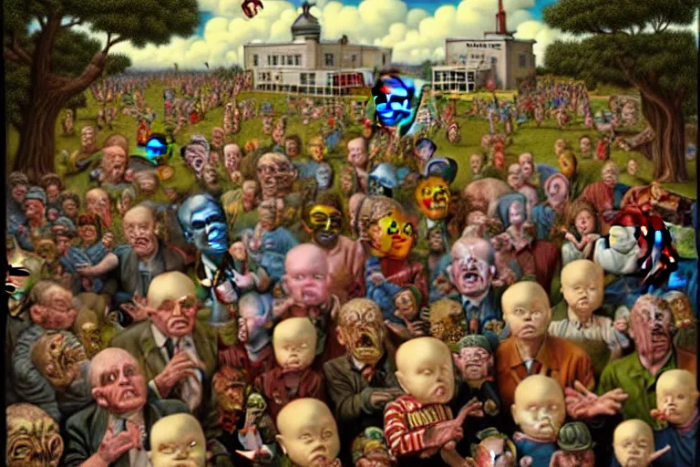 Image similar to a sparsely populated strange battle in an old hospital between old people and babies Robert Williams Mark Ryden and Alex Gross, Todd Schorr highly detailed deep perspective perfect composition