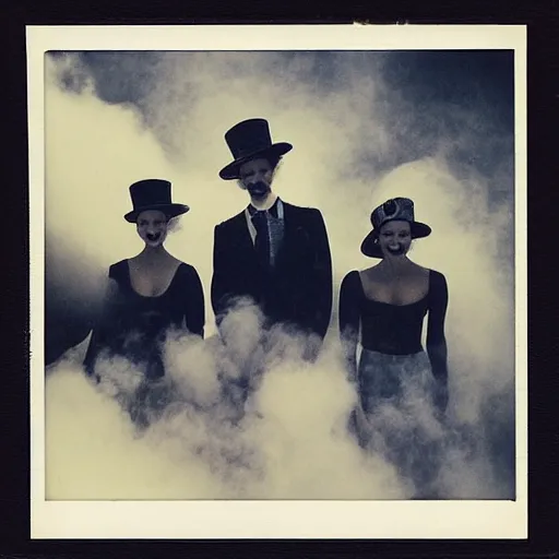 Image similar to polaroid of dancers that are made from cotton candy, smoke and clouds, wearing top hats. there is some diamonds suspended in air, beams of light disperse trough diamonds, prism-like