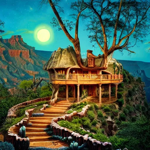 Prompt: fancy treehouse mansion built in a giant cactus on top of a cliff overlooking the grand canyon detailed 4k magical realism luminescent painting