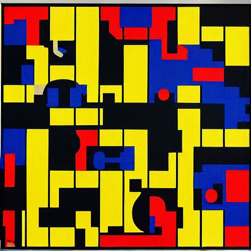 Image similar to pac - man!! in a maze painting by mondrian