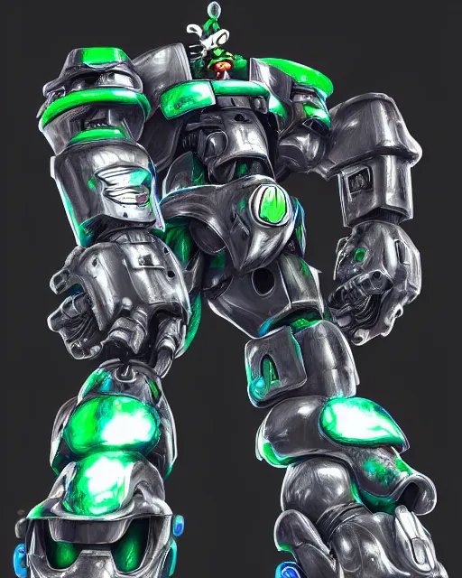 Prompt: Nintendo's Luigi as a Mecha, hyperdetailed, full body, LED effects, professional paint job, distressed paint, dynamic low angle shot, photoreal, caustics, octane render, redshift render, Vray render, all in focus, unreal engine, post processing, ultra detailed, trending on artstation