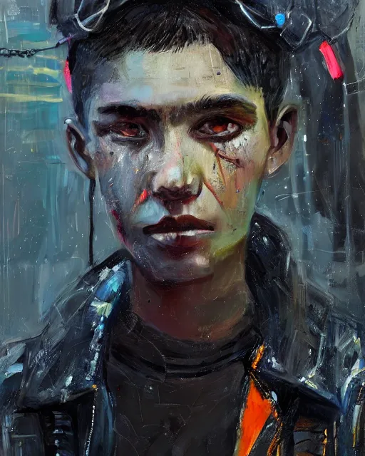 Image similar to detailed portrait Neon guard boy with short dark hair seen from the back, cyberpunk futuristic, reflective puffer jacket, decorated with traditional ornaments in front of a dystopian crowd with piles of garbage by Ismail inceoglu dragan bibin hans thoma, Perfect face, fine details, realistic shaded, fine-face, pretty face