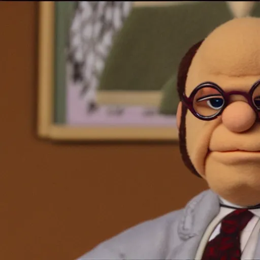 Image similar to george costanza as a muppet. highly detailed felt. hyper real photo. 4 k.