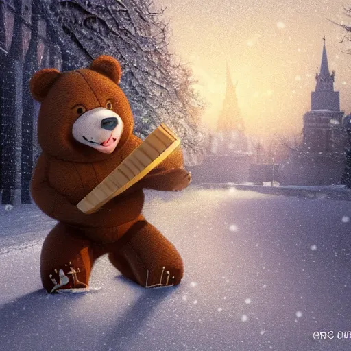 Image similar to smiling brown bear holding triangular balalaika (triangular chordophone, triangular Domra) in hat in winter at streets of Moscow, sharp focus, fantasy style, octane render, volumetric lighting, 8k high definition, by greg rutkowski, highly detailed, trending on art Station