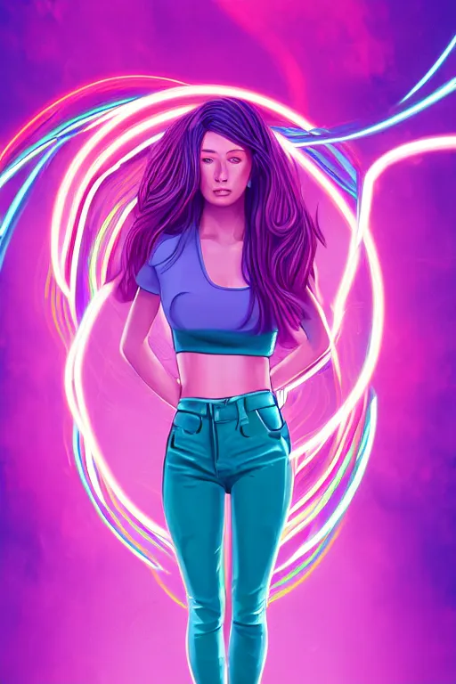 Image similar to a award winning half body portrait of a beautiful woman in a croptop and cargo pants with ombre purple pink teal hairstyle surrounded by whirling illuminated lines, outrun, vaporware, shaded flat illustration, digital art, trending on artstation, highly detailed, fine detail, intricate