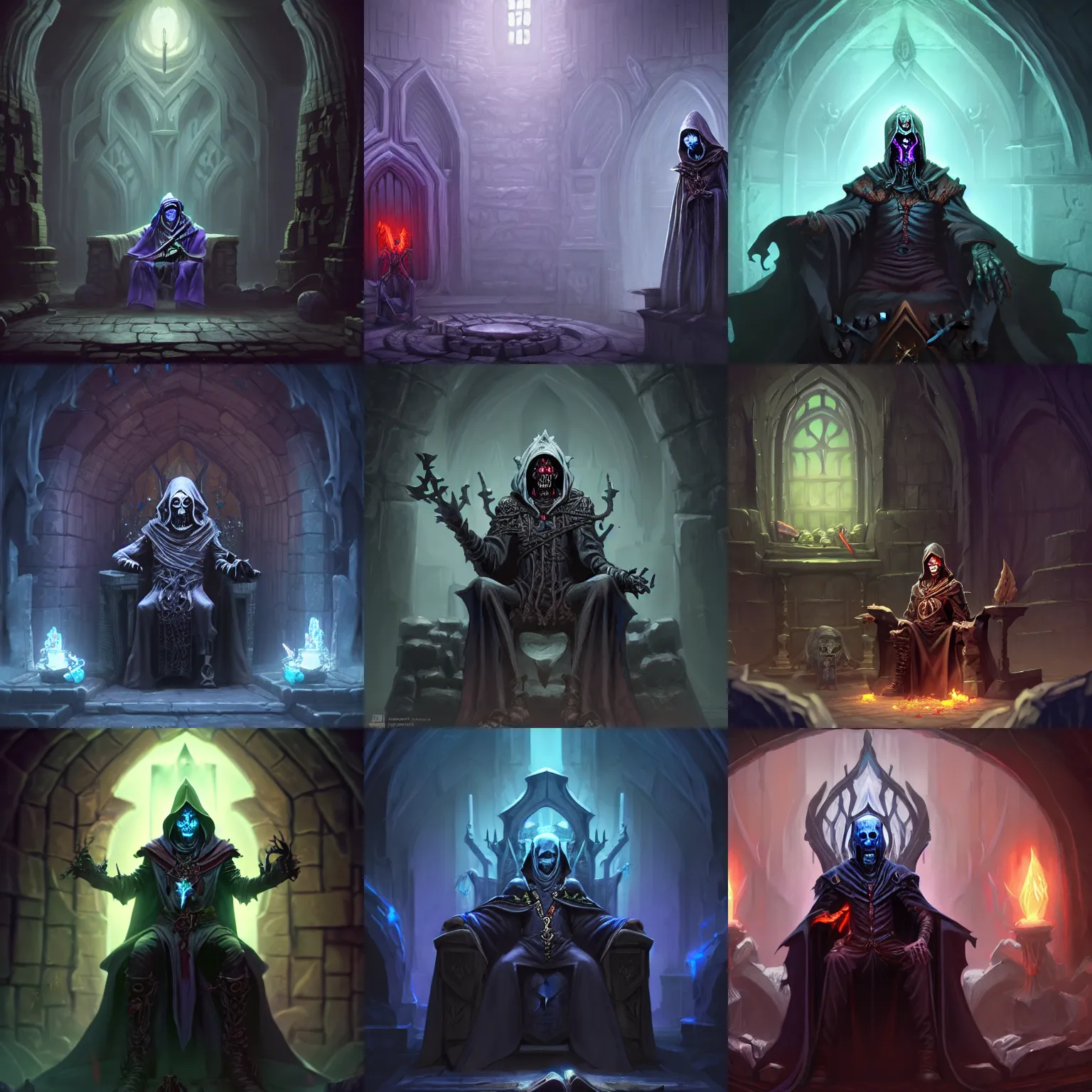 Prompt: lich wizard necromancer sitting on a throne inside dungeon crypt, wearing a dark hood, gray stone wall behind him by Stanley Artgerm Lau, WLOP, Rossdraws, James Jean, Andrei Riabovitchev, Marc Simonetti, and Sakimichan, Unreal Engine, 4k, trending on Artstation