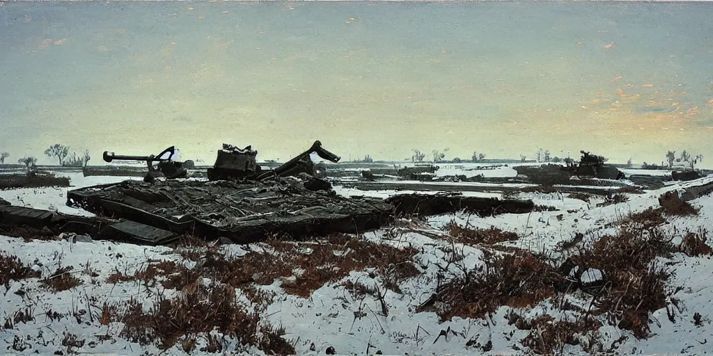 Image similar to “a single destroyed tank languishes in a field, WW2, Eastern front, winter, morning, daybreak, snow, painting by Isaac Levitan”