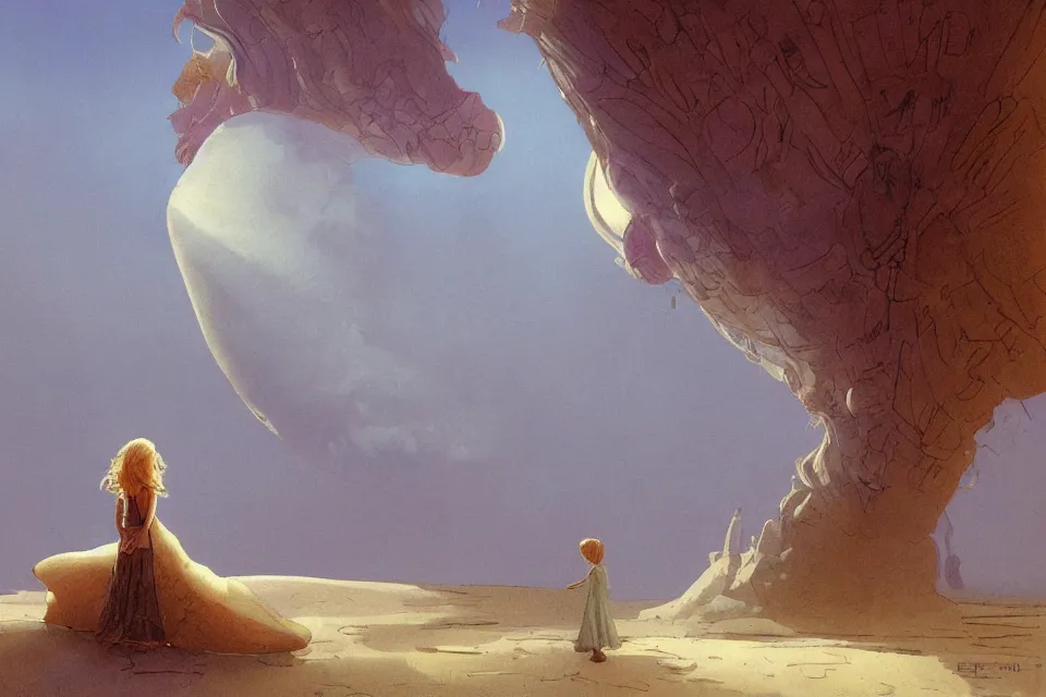 Prompt: atmospheric dreamscape painting of a giant seashell castle, a young girl stands outside, by moebius and john harris, atmospheric blues, concept art, saturation 40