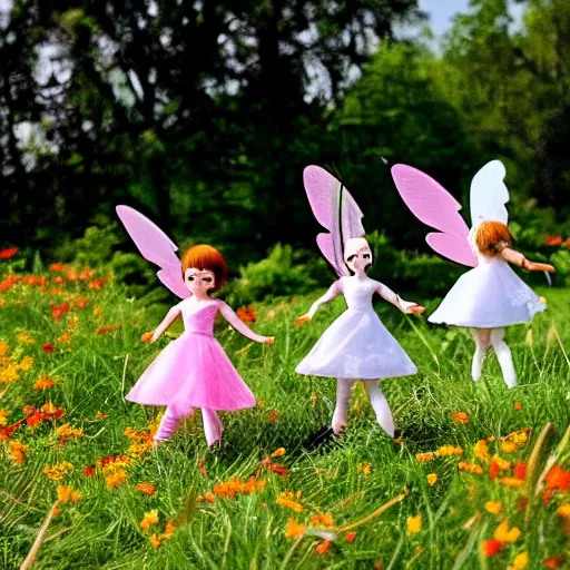 Image similar to little stormtrooper winged fairies, flying around the flowers in a sunny meadow