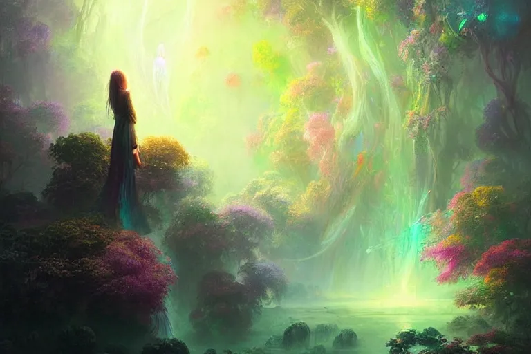 Image similar to a psychedelic realm hidden away in a pocket of ethereal understanding astral beings sharing love greg rutkowski wlop lisa frank bob ross ruan jia illustration