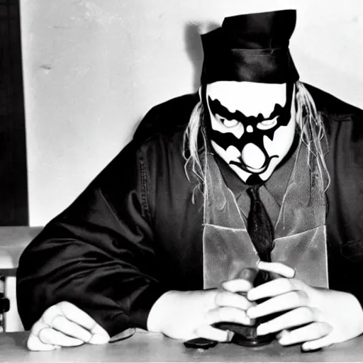 Image similar to violent j working an office job in the 1 9 5 0 s, flickering yellow lighting, highly detailed, 4 k,