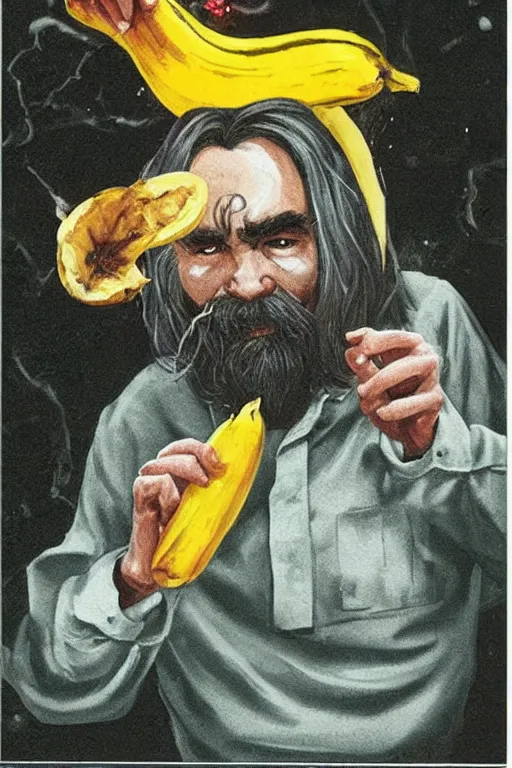 Image similar to magic the gathering card depicting charles manson slipping on a banana peel