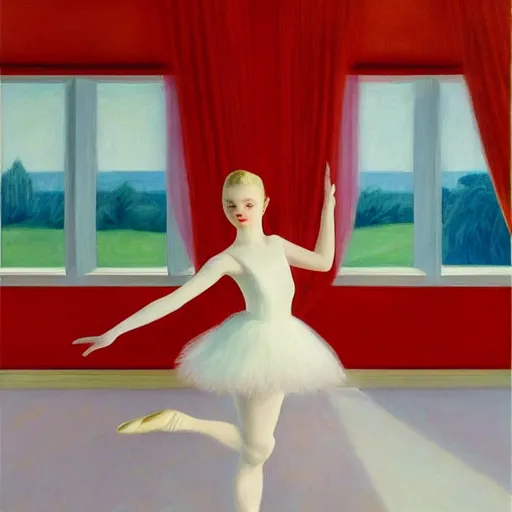 Image similar to Painting of Elle Fanning as a ballerina in a red room, long blonde hair, delicate, pale milky white porcelain skin, by Edward Hopper. 8K. Extremely detailed.