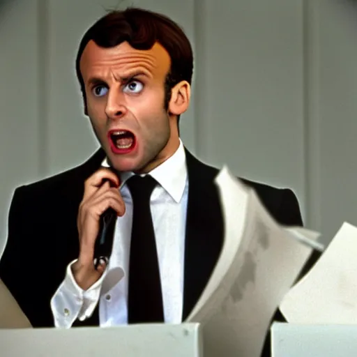 Image similar to Emmanuel Macron shouting in American Psycho (1999)