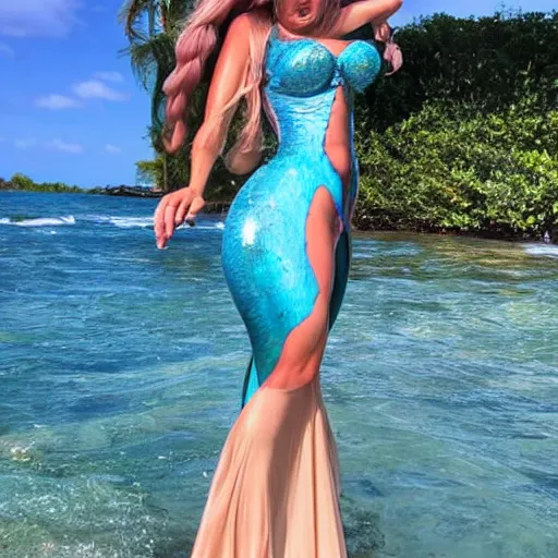 Prompt: very beautiful tall fair haired mermaid women in ocean reef