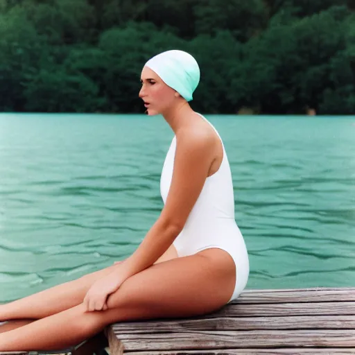 Prompt: a film photograph of a woman slender, wearing a mint green one-piece swimsuit, wearing a white bathing cap, sitting on a wooden dock, low angle and side profile, far shot, Kodak Portra 800, Kodak film photography