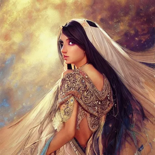 Image similar to a beautiful arabian woman wearing a wedding dress kaftan by karol bak, ayami kojima, artgerm, arabian beauty, blue eyes, smile, concept art, fantasy