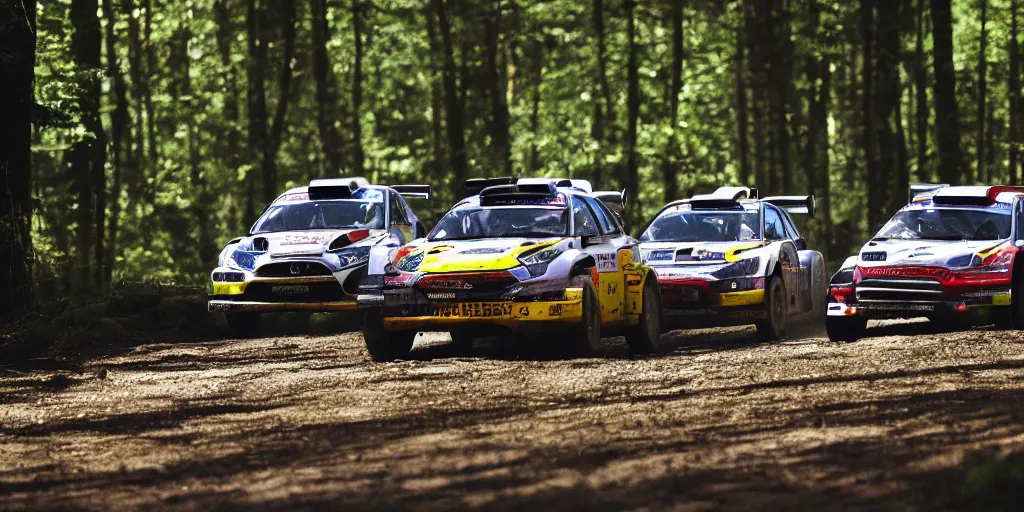 Image similar to 3 rally cars racing through a forest with a river behind them, sun shining through the trees, motion blur high detail ultra realistic 8k