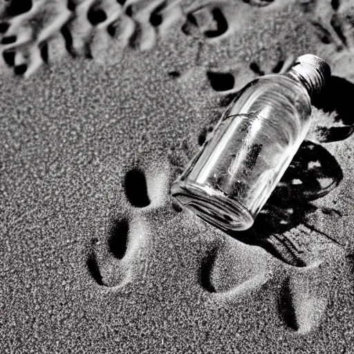 Prompt: an old message in a bottle washed up on the beach sand from the 1800s, close up, dslr photo 50mm